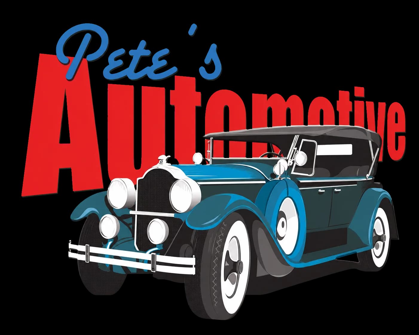 Pete's Automotive Service original hand-drawn logo with vintage car