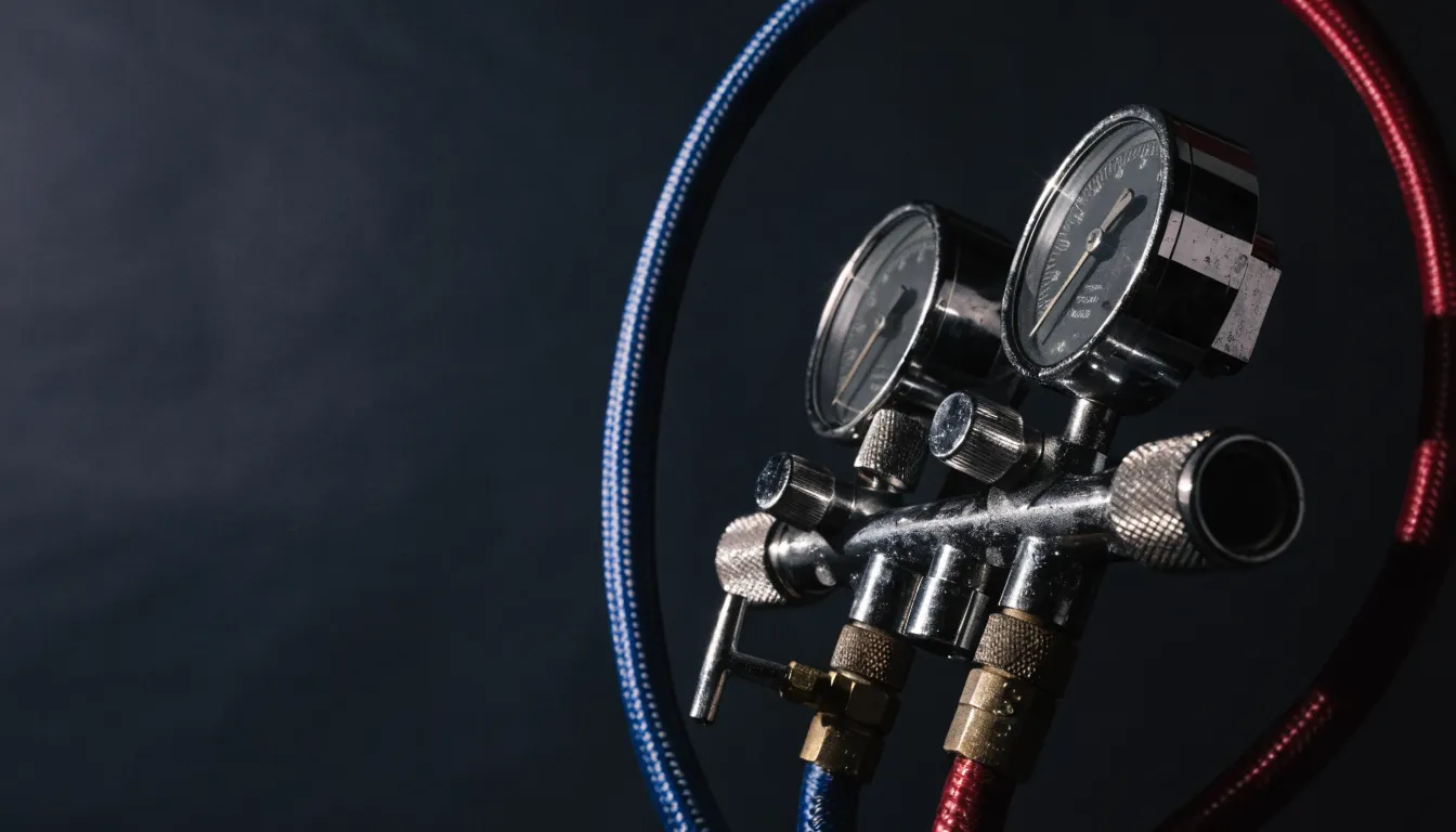 An air-conditioning manifold gauge set with its blue and red charging hoses
