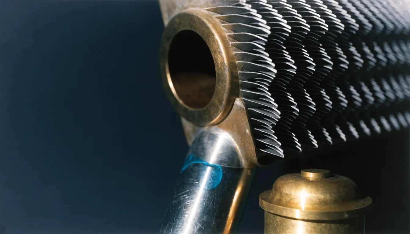 A radiator core with an engine thermostat resting in front of it