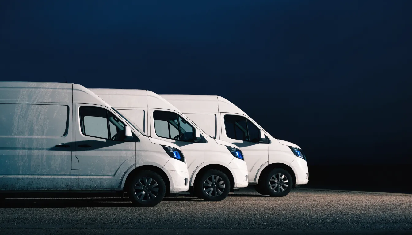 A row of four identical white commercial work vans