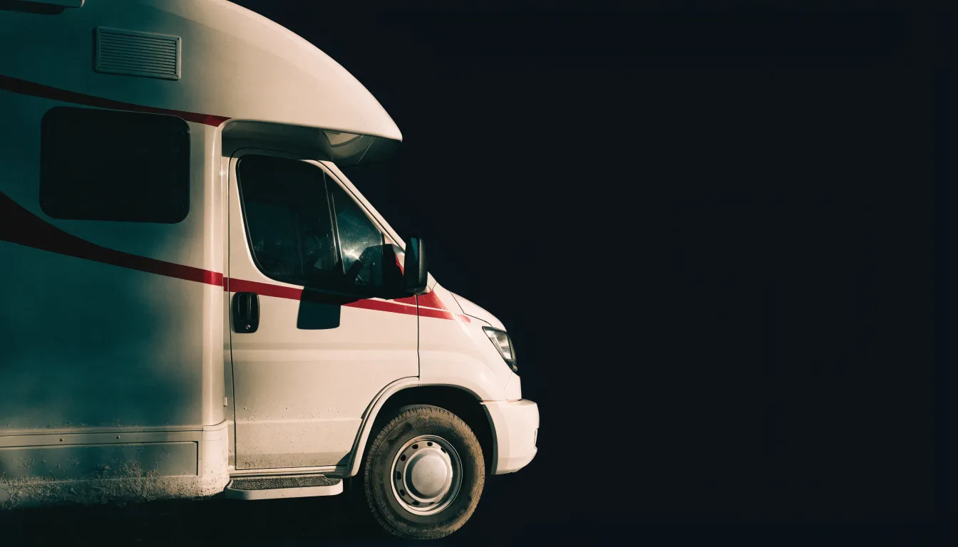 The front section of a large Class A motorhome