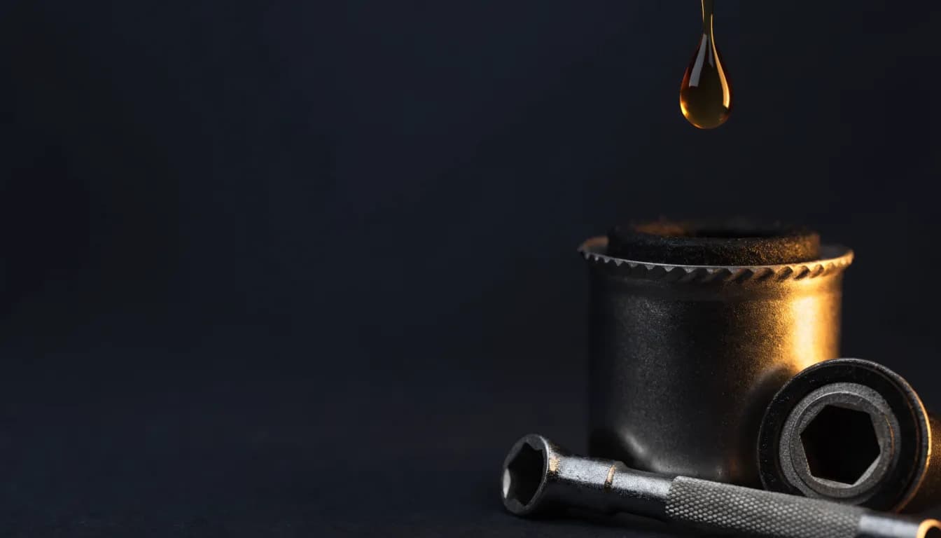 A new oil filter and drain plug with a socket wrench and a drop of clean oil