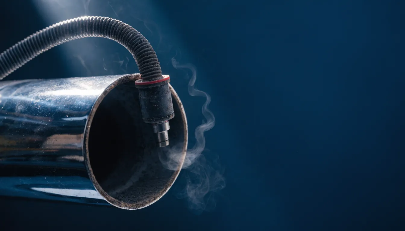 An emissions analyzer probe inserted into a vehicle tailpipe during a smog test