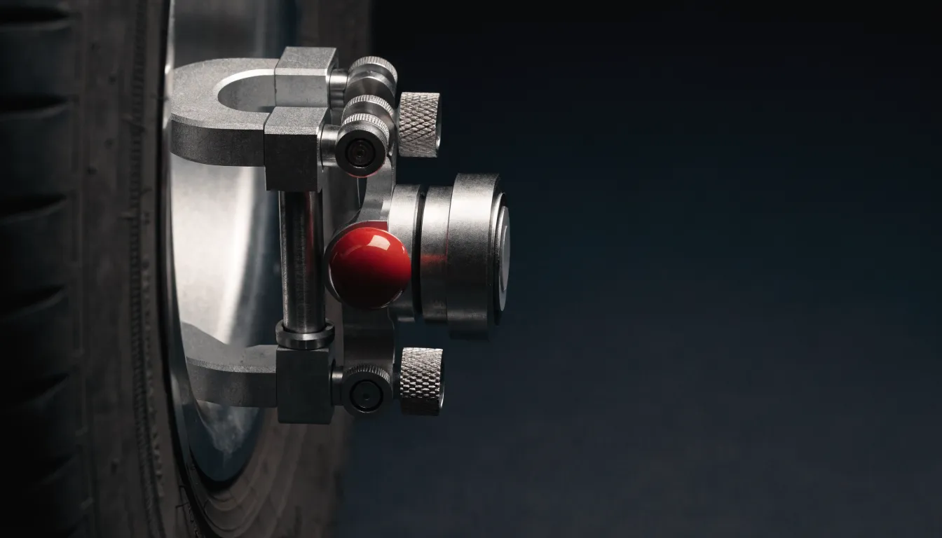 A wheel-alignment sensor head clamped to a wheel rim